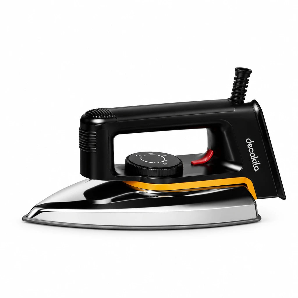 Decakila KEEN026B black and silver 1200W heavy-duty dry iron with non-stick soleplate on white background