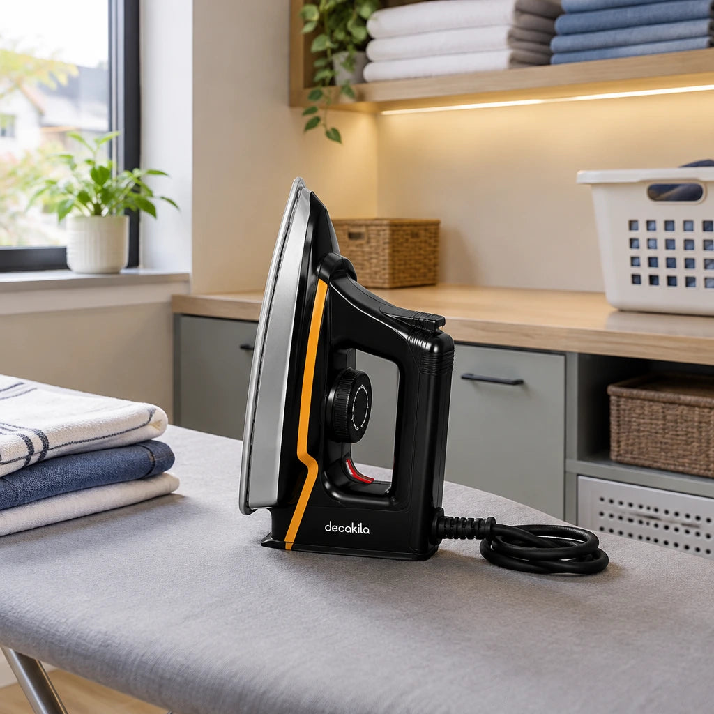 Decakila dry iron resting at an organised contemporary laundry-room pressing station