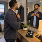 African American adult ready for the evening with neatly edged facial hair and the Decakila grooming kit resting nearby.