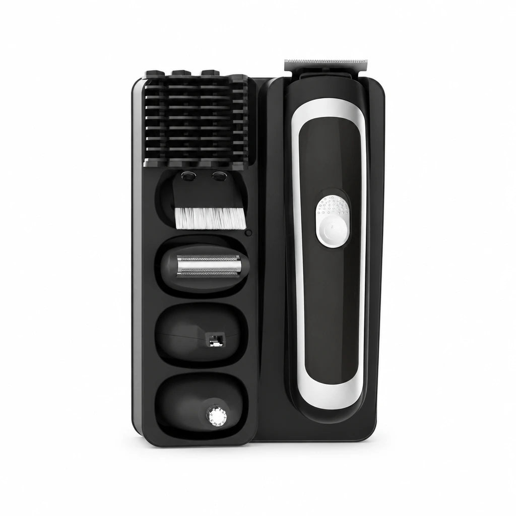 Decakila KMHR017W black-and-silver 5-in-1 rechargeable grooming kit with interchangeable heads, guide combs, and cleaning brush in its storage tray.