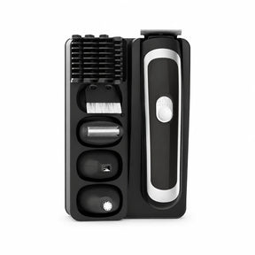 Decakila KMHR017W black-and-silver 5-in-1 rechargeable grooming kit with interchangeable heads, guide combs, and cleaning brush in its storage tray.