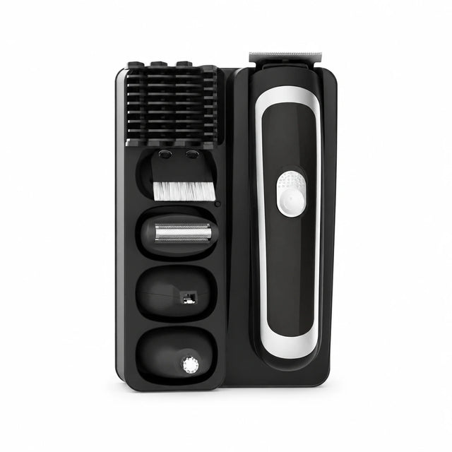 Decakila KMHR017W black-and-silver 5-in-1 rechargeable grooming kit with interchangeable heads, guide combs, and cleaning brush in its storage tray.