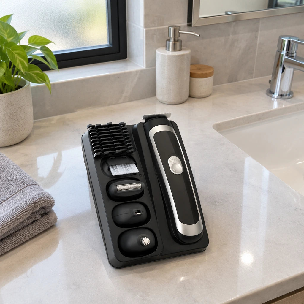 Decakila 5-in-1 grooming kit resting in its storage tray on a clean contemporary bathroom vanity.