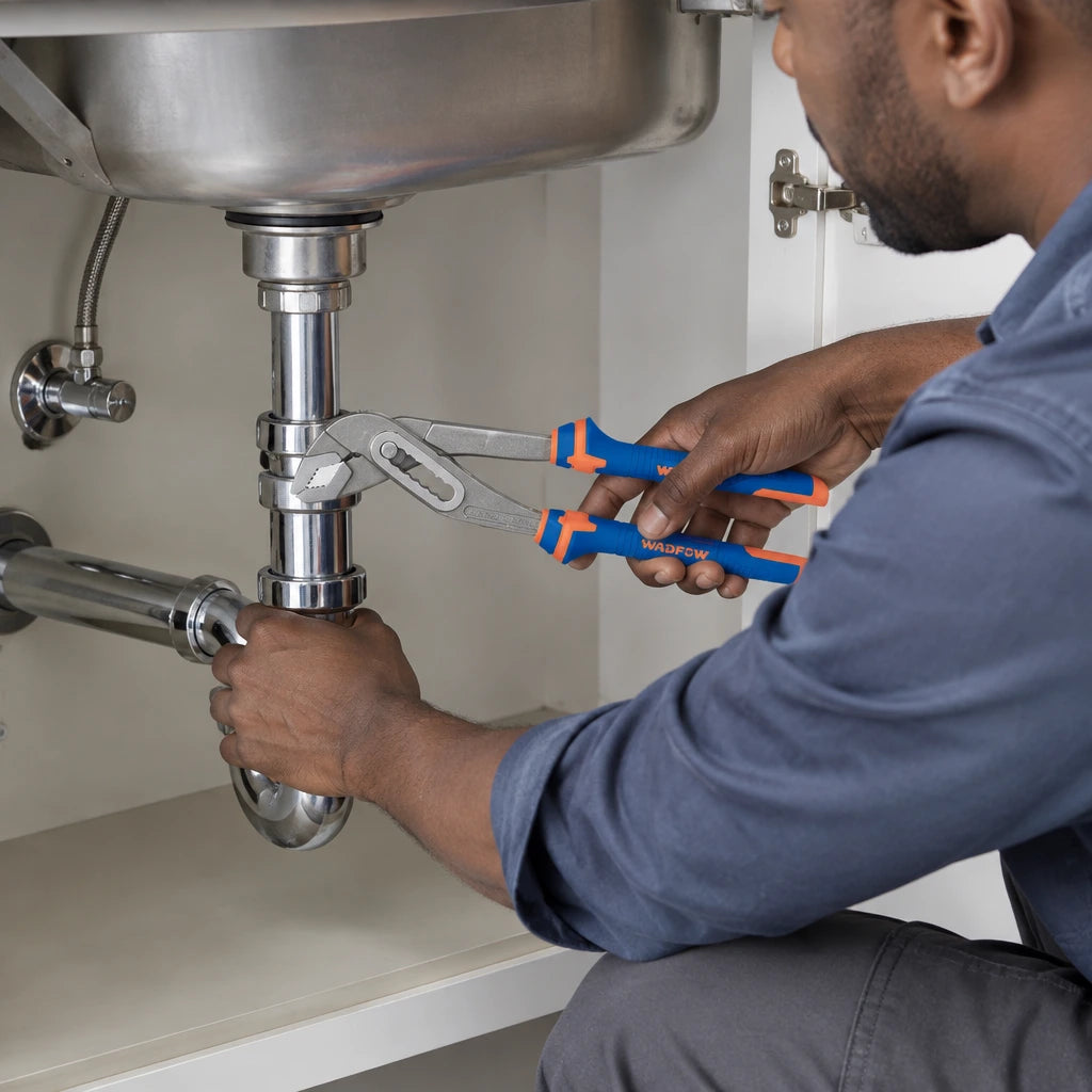African American maintenance technician using Wadfow pump pliers to turn a plumbing fitting beneath a utility-room sink.