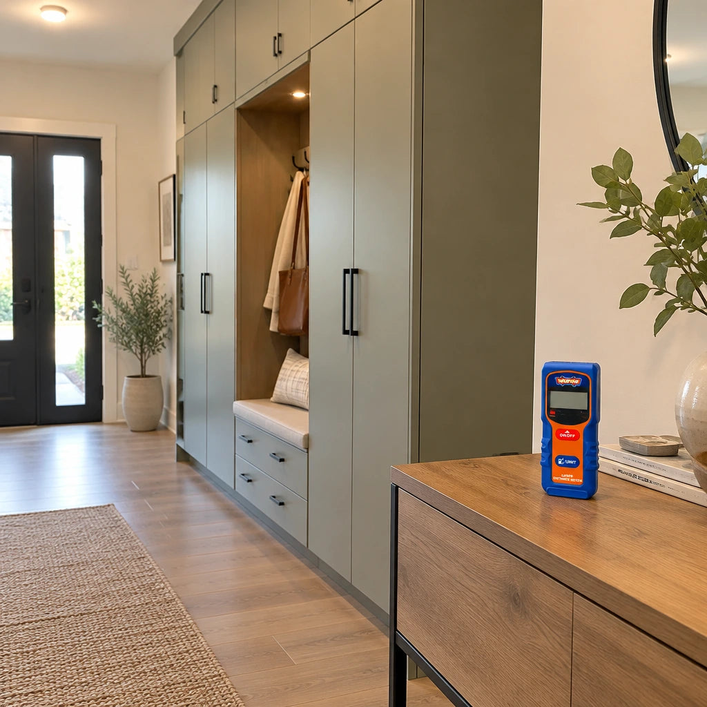 Completed built-in entry storage with the Wadfow laser distance meter resting beside the fitting plan.