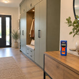 Completed built-in entry storage with the Wadfow laser distance meter resting beside the fitting plan.