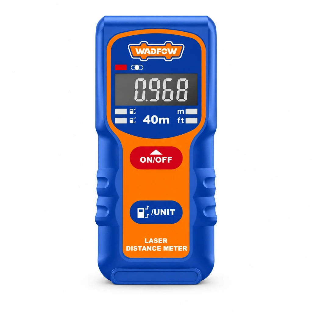 Wadfow WDL1504 blue and orange 40 metre laser distance meter centered on a white background.