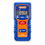 Wadfow WDL1504 blue and orange 40 metre laser distance meter centered on a white background.