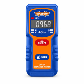 Wadfow WDL1504 blue and orange 40 metre laser distance meter centered on a white background.