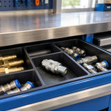 Wadfow male-thread air quick coupler stored in an organised pneumatic workshop parts tray