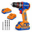 Wadfow WCDP6281 20V brushless cordless impact drill kit with two batteries, charger and drill bits on white background.