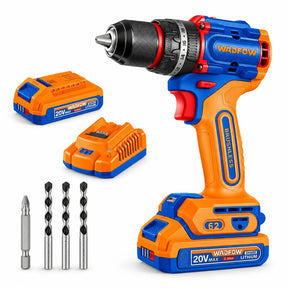 Wadfow WCDP6281 20V brushless cordless impact drill kit with two batteries, charger and drill bits on white background.
