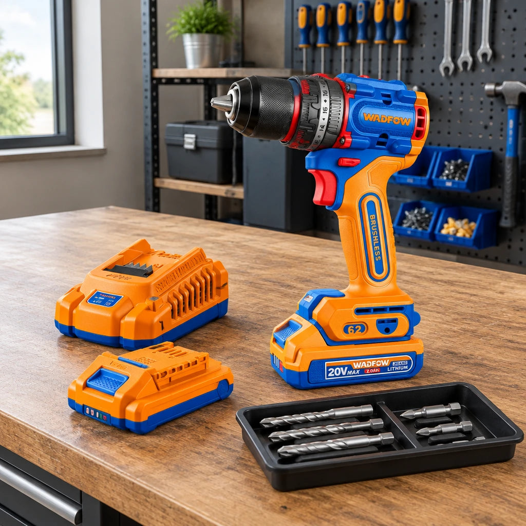 Wadfow cordless impact drill kit resting with its batteries, charger and bits at an organised maintenance workbench.