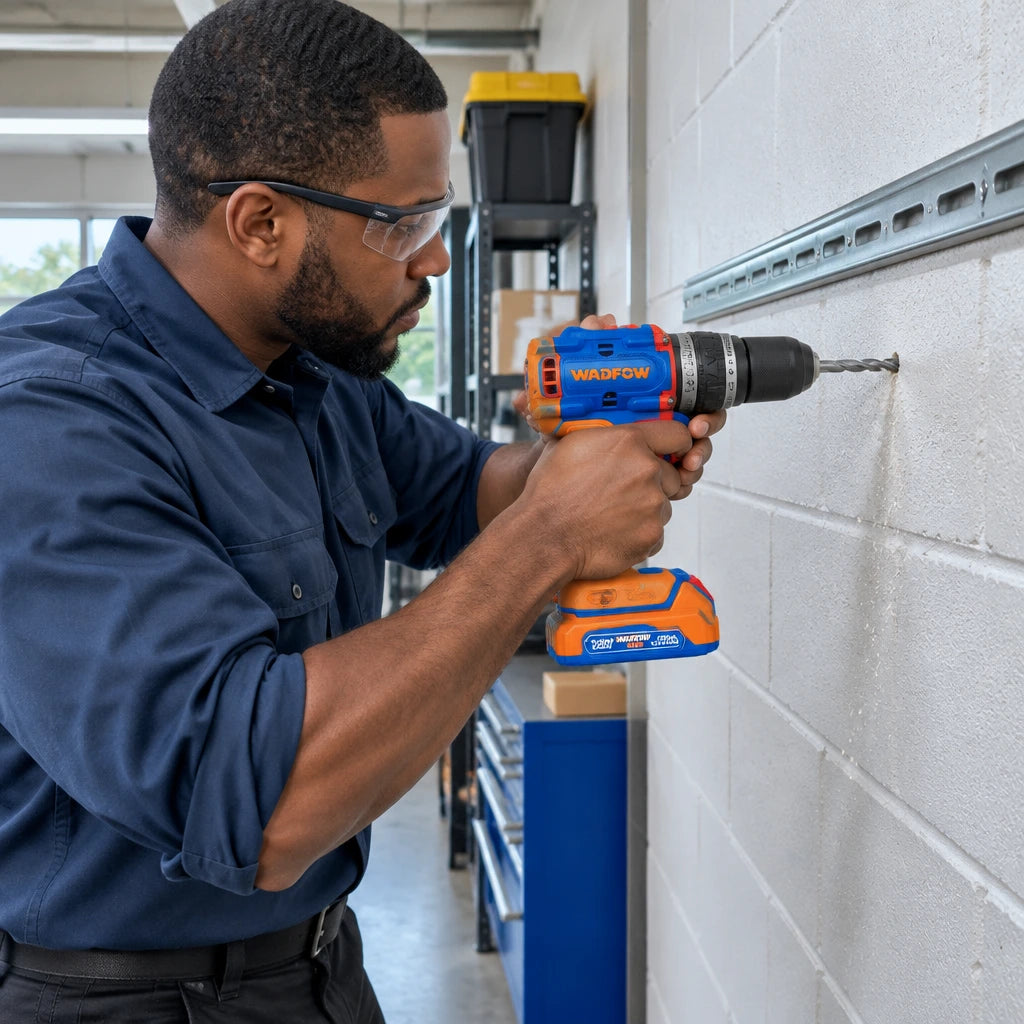 African American facilities installer using the Wadfow 20V impact drill with a masonry bit to prepare a stockroom wall for a storage rail.