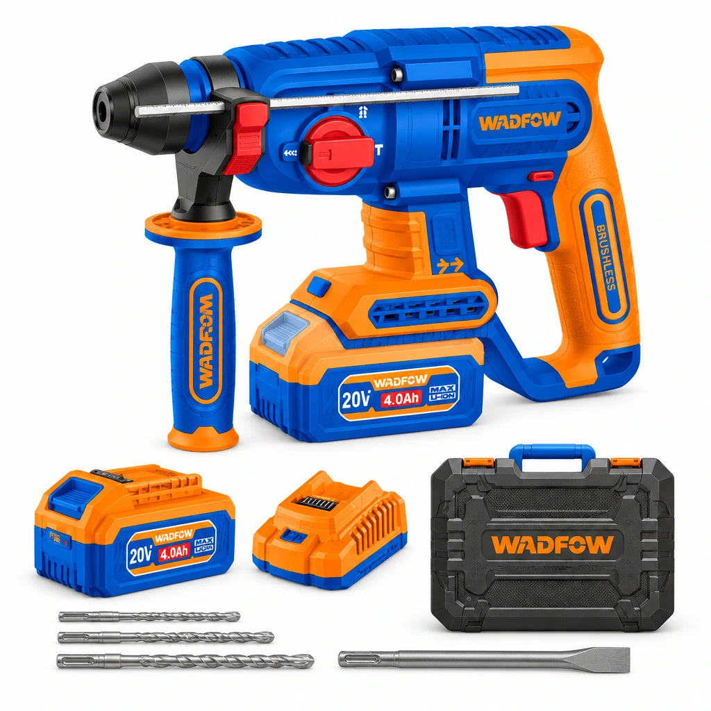 Wadfow WLM22152 20V cordless rotary hammer kit with side handle, batteries, charger and masonry accessories on white background