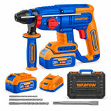 Wadfow WLM22152 20V cordless rotary hammer kit with side handle, batteries, charger and masonry accessories on white background
