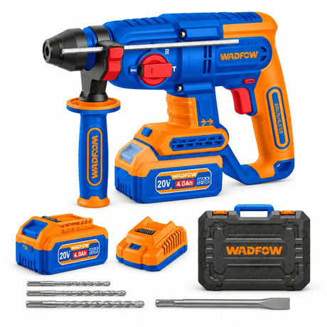 Wadfow WLM22152 20V cordless rotary hammer kit with side handle, batteries, charger and masonry accessories on white background
