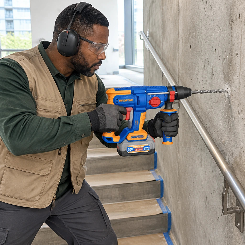 African American technician using the Wadfow 20V rotary hammer to drill a concrete anchor hole for a stair handrail