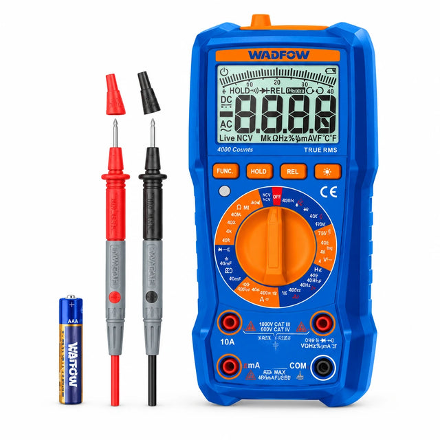 Wadfow WDM2502 blue True RMS digital multimeter with red and black test probes on a white background