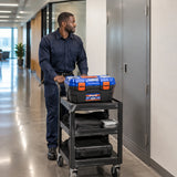 Closed Wadfow WTB1319 toolbox on a service cart beside a neatly aligned completed commercial cabinet repair