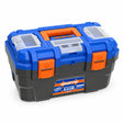 Wadfow WTB1319 19-inch blue plastic toolbox with orange buckles, handle and clear storage compartments on a white background