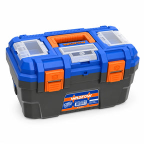 Wadfow WTB1319 19-inch blue plastic toolbox with orange buckles, handle and clear storage compartments on a white background