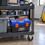 Closed Wadfow WTB1319 plastic toolbox resting on a service cart in an organised commercial maintenance storeroom