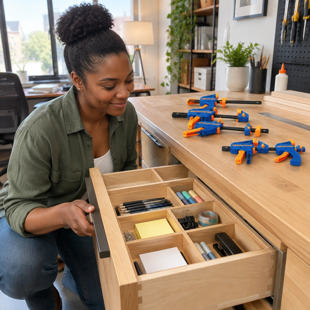 Completed timber drawer divider organised in a home office with the Wadfow quick bar clamp set resting on the nearby workbench