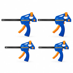 Wadfow WCZ4E21 four-piece quick bar clamp set with two 4-inch and two 6-inch blue and orange clamps on a white background