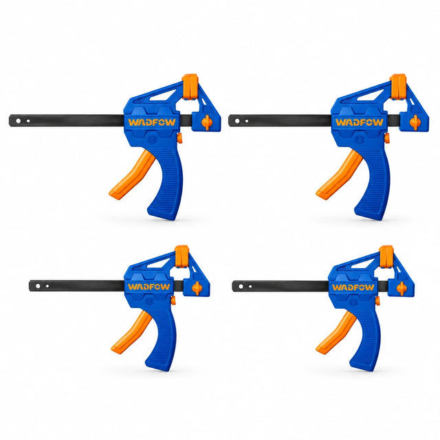 Wadfow WCZ4E21 four-piece quick bar clamp set with two 4-inch and two 6-inch blue and orange clamps on a white background