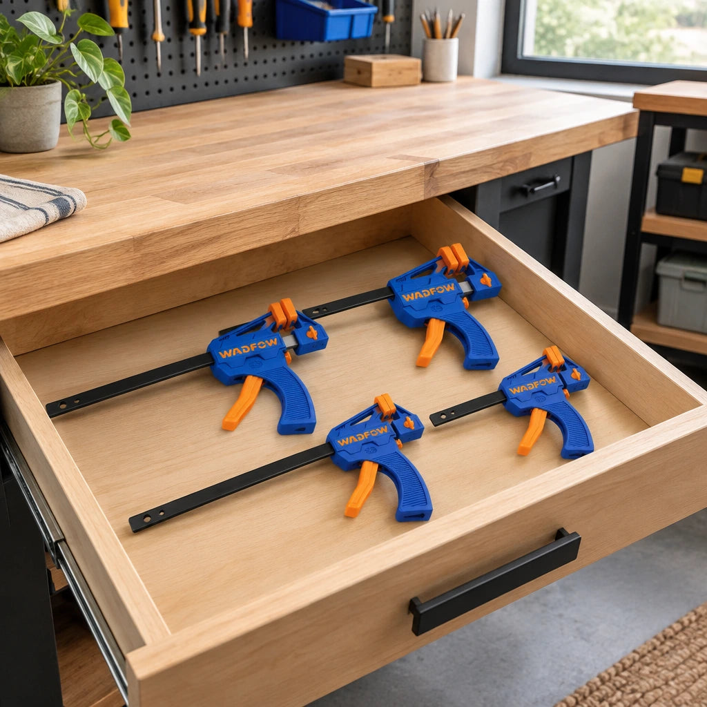 Wadfow four-piece quick bar clamp set resting in an open tool drawer beside a tidy home craft workbench
