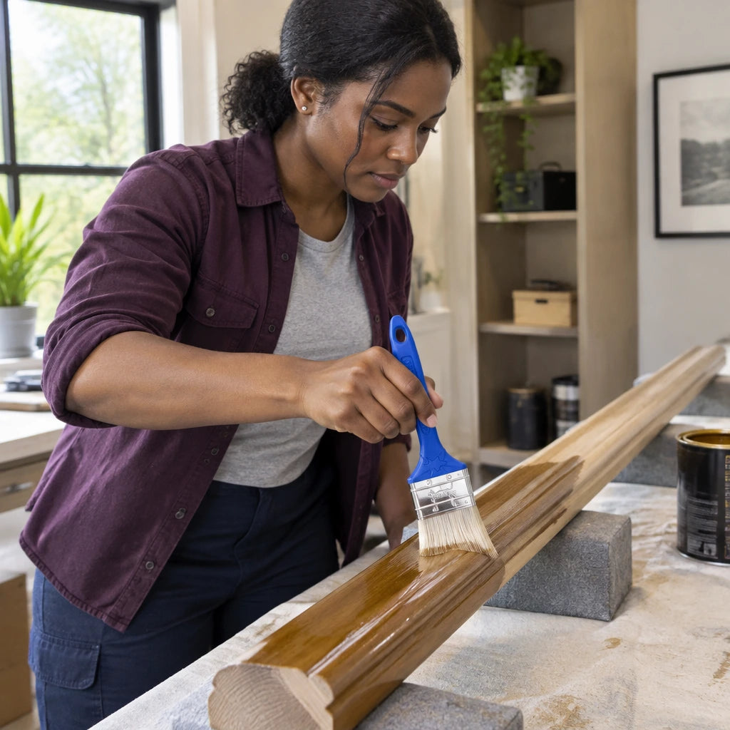 African American furniture refinisher using a Wadfow 63mm oil-based paint brush on a prepared timber handrail
