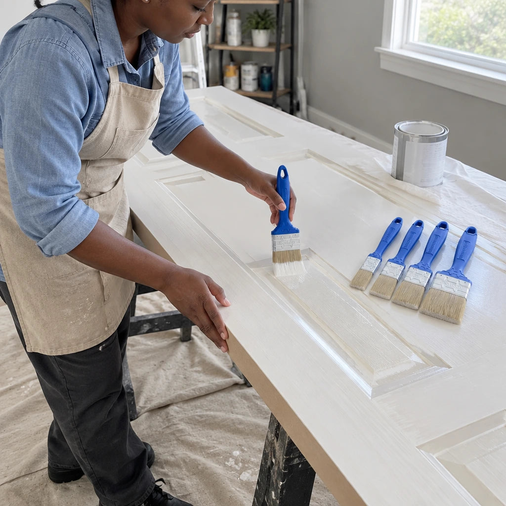 African American decorator using a blue-handled Wadfow paint brush to apply oil-based paint to a timber door panel