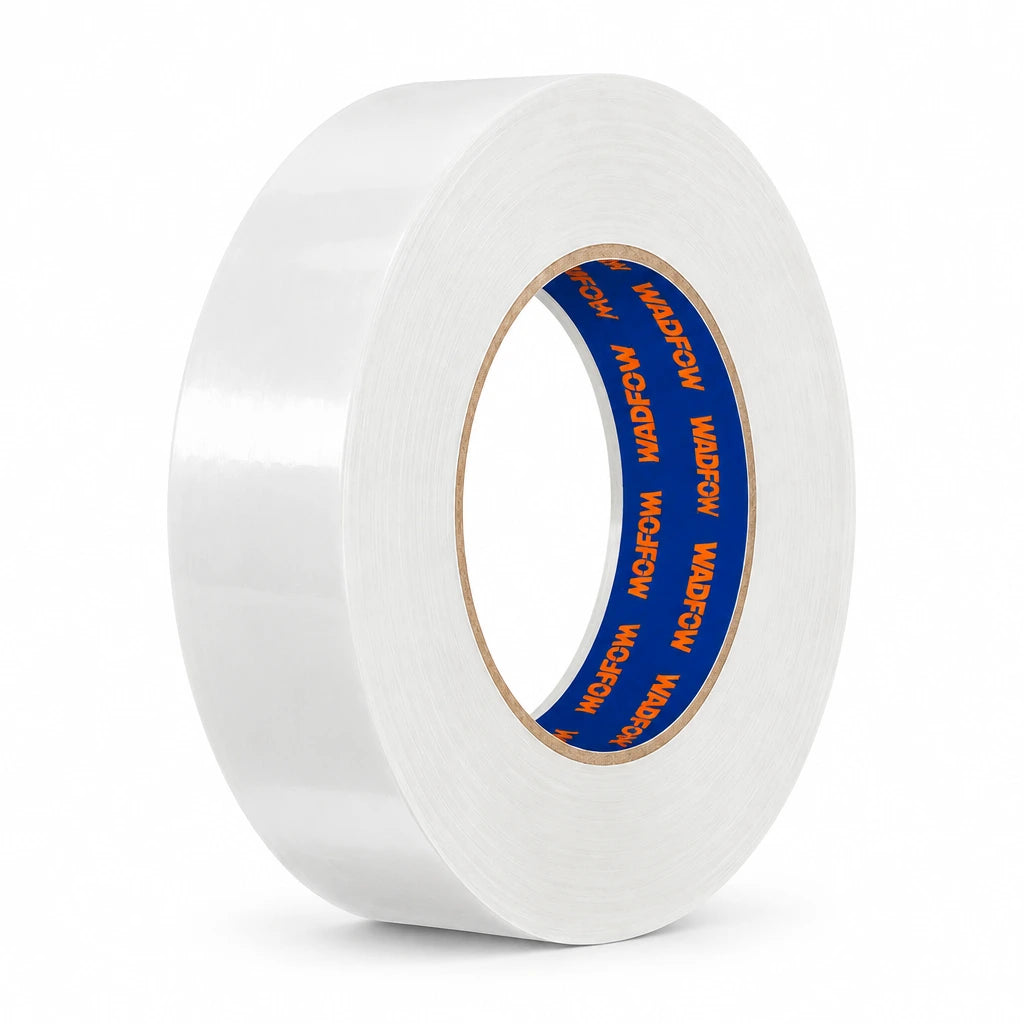 Wadfow WPN6H24 white 24mm by 50m masking tape roll with branded cardboard core on a white background