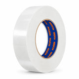 Wadfow WPN6H24 white 24mm by 50m masking tape roll with branded cardboard core on a white background