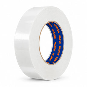 Wadfow WPN6H24 white 24mm by 50m masking tape roll with branded cardboard core on a white background
