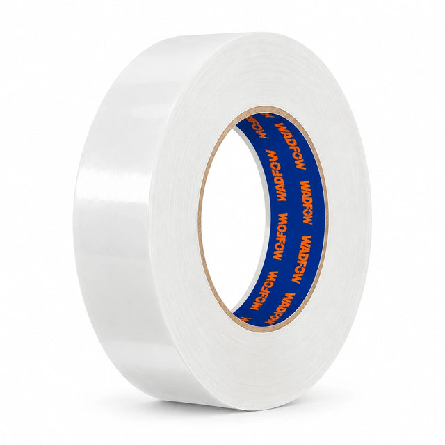 Wadfow WPN6H24 white 24mm by 50m masking tape roll with branded cardboard core on a white background
