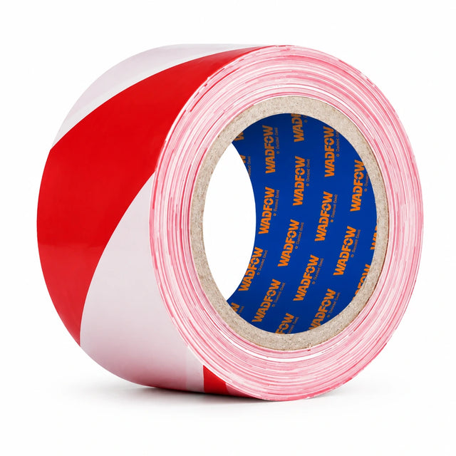 Wadfow WEE1H10 red and white 75mm by 100m non-adhesive PE safety warning tape roll on white background