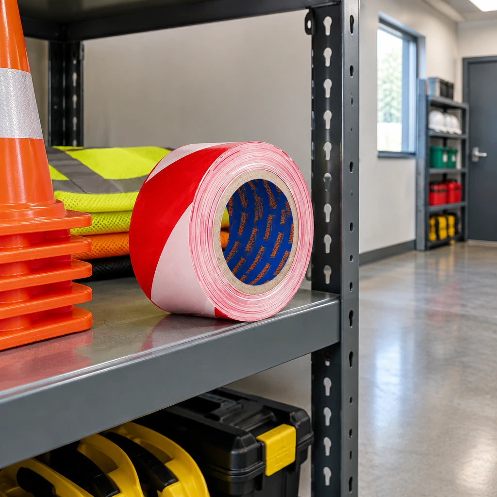 Wadfow red and white safety warning tape roll stored on an organised facilities-room shelf