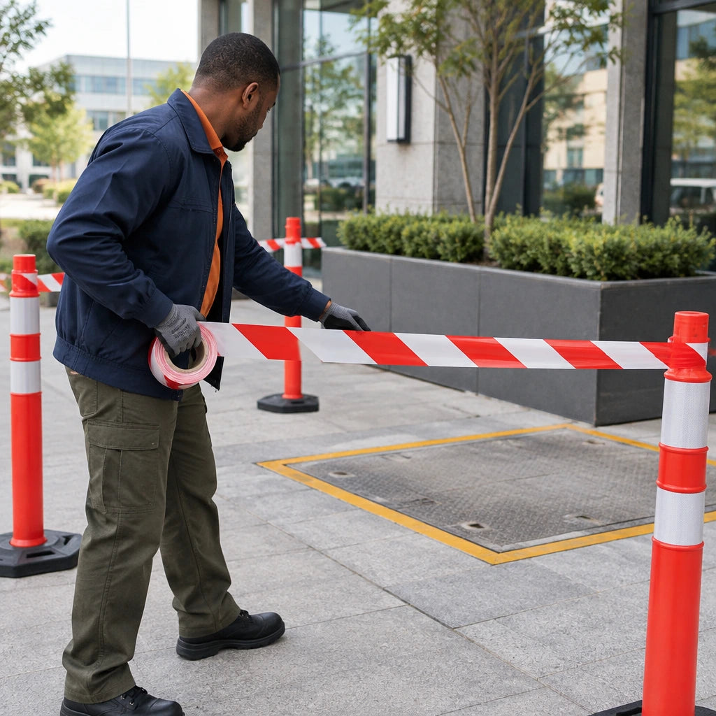 Facilities worker unrolling Wadfow red and white non-adhesive warning tape between posts around a maintenance area