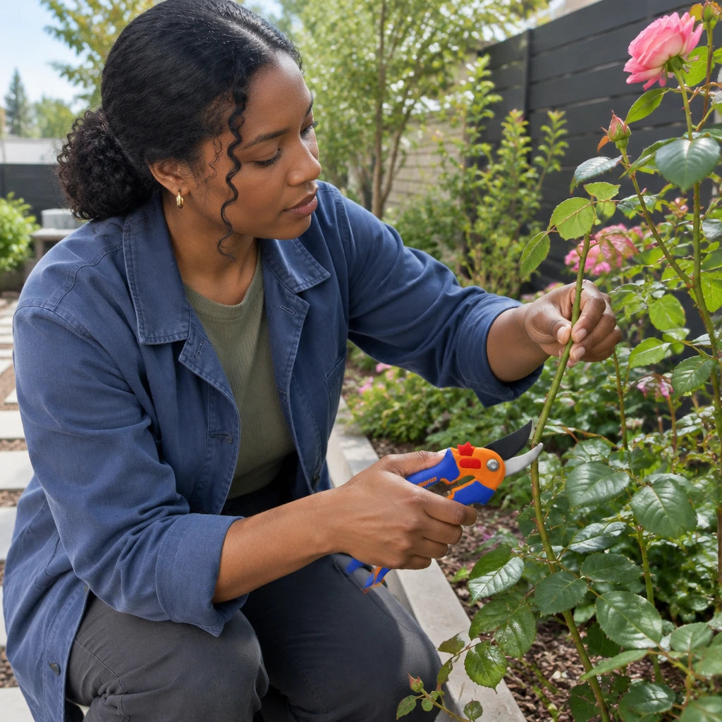 African American gardener using a Wadfow pruning shear to remove a thin shoot from a rose plant