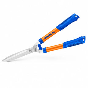 Wadfow WPR2301 550mm hedge shear with straight carbon-steel blades, orange handles and blue grips on white background