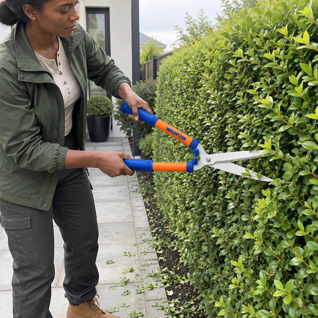 African American groundskeeper using Wadfow 550mm hedge shears to shape a soft hedge face in a townhouse garden