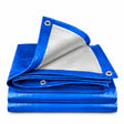 Folded Wadfow WTQ1170 blue 7 × 10 m polyethylene tarp with silver inner surface and aluminium grommets on a white background