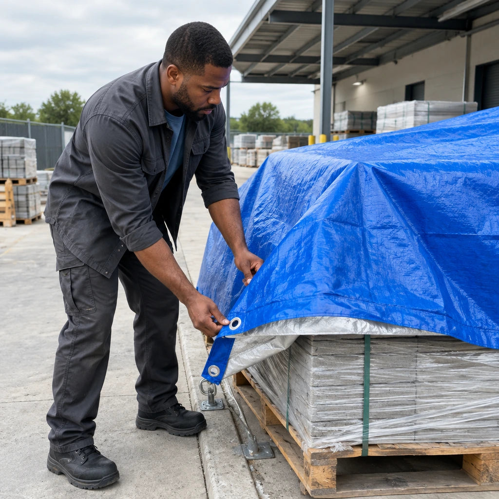 African American materials handler pulling a Wadfow 7 × 10 m blue tarp over a pallet of construction supplies