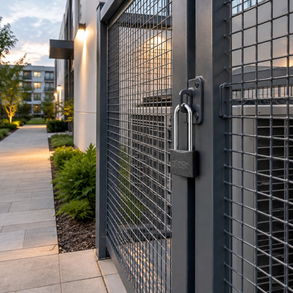 Locked commercial service enclosure with a Wadfow long-shackle padlock in a tidy courtyard