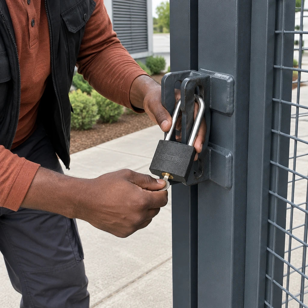 Facilities worker locking a service enclosure gate with a Wadfow 63mm long-shackle padlock