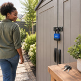 Locked contemporary garden shed with Wadfow weatherproof padlock and tidy courtyard surroundings