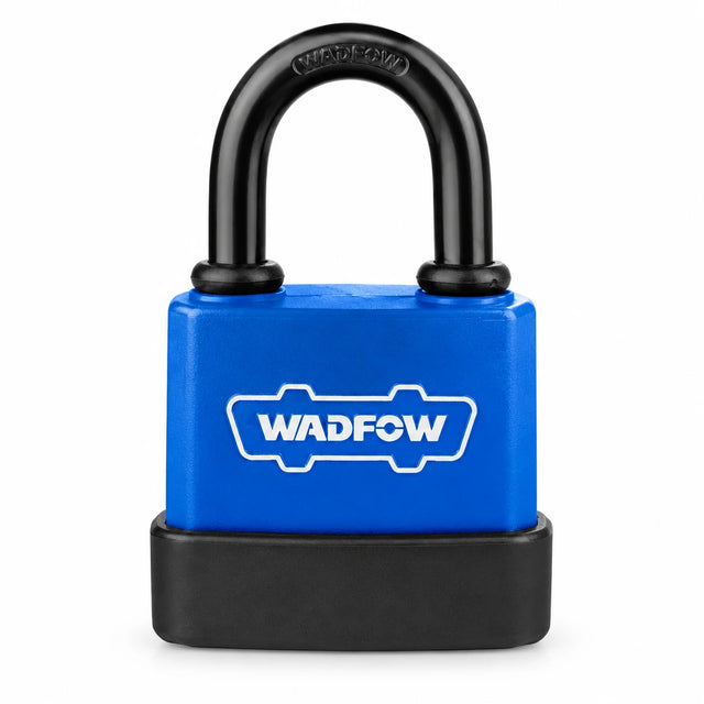 Wadfow WPD9455 55mm blue weatherproof iron padlock with black rubber cover on white background