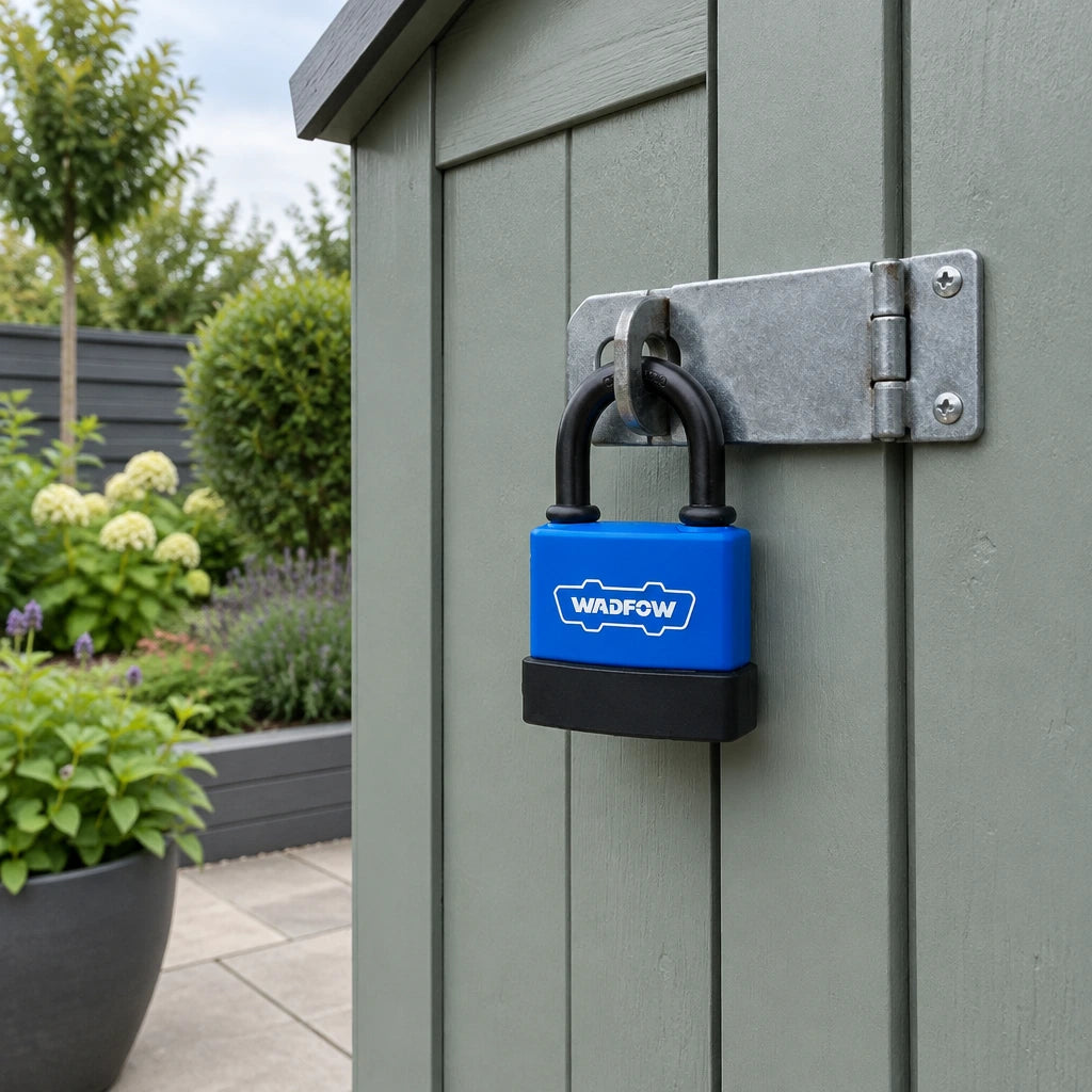 Wadfow blue weatherproof padlock secured to a garden shed hasp in a maintained courtyard